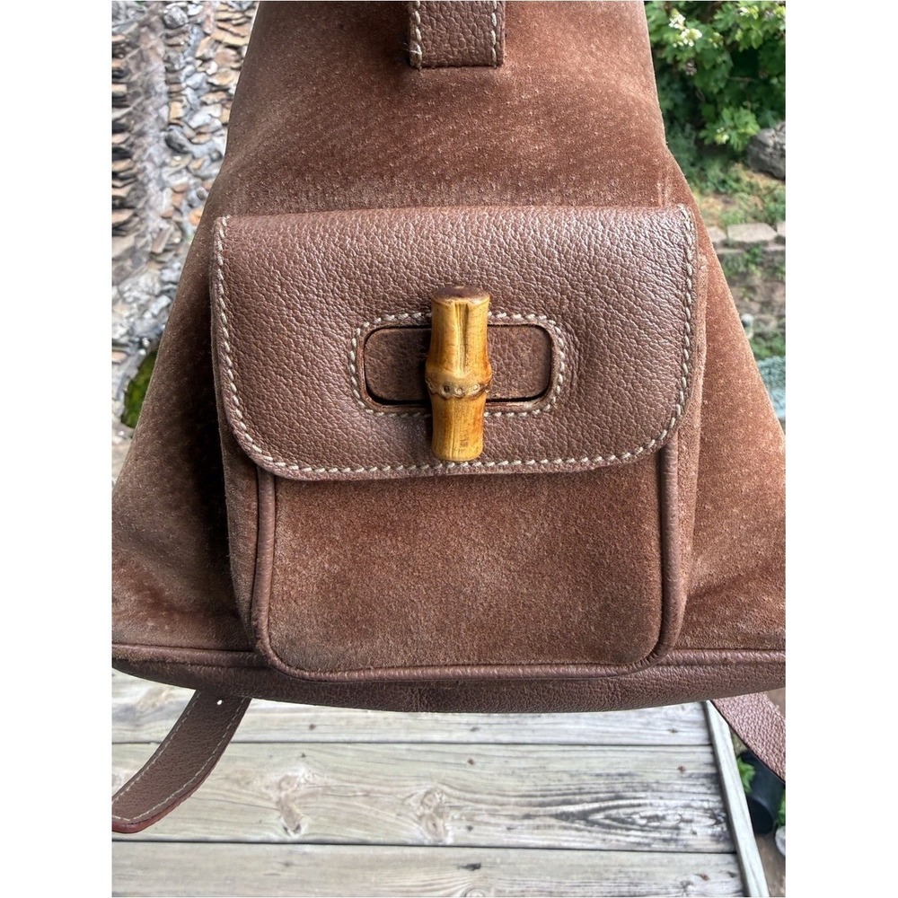 Gucci Suede Bamboo Mini Backpack Brown Leather Italy Vintage - Picture 15 of 16